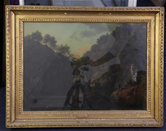 Attributed to William Ashford (1746-1824) Figures overlooking a rocky gorge 18 x 25in.